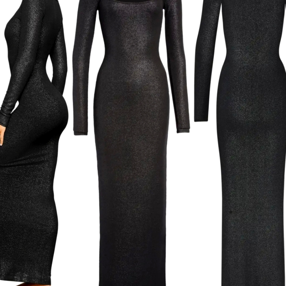 Skims Lounge Ribbed Shimmer Maxi Dress Black Plus Size 4x